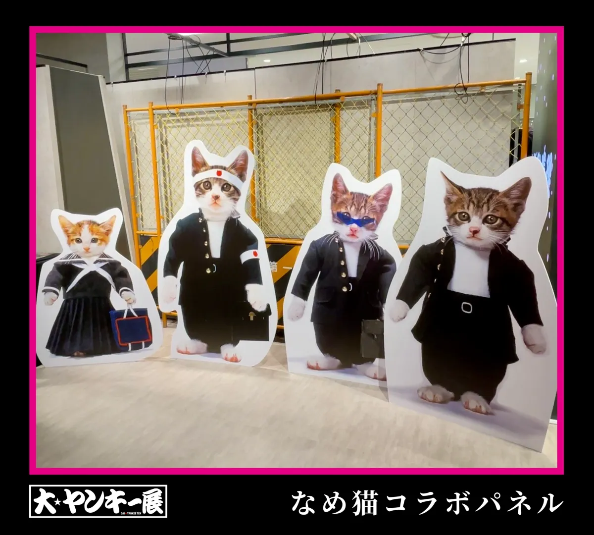 学ラン姿やスケバン姿の子猫が並ぶ、なめ猫×大ヤンキー展の等身大コラボパネル
